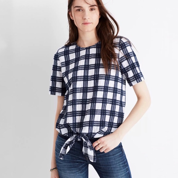 Madewell Navy & White Plaid Cotton Button-Back Tie Top Size XL - Picture 2 of 10